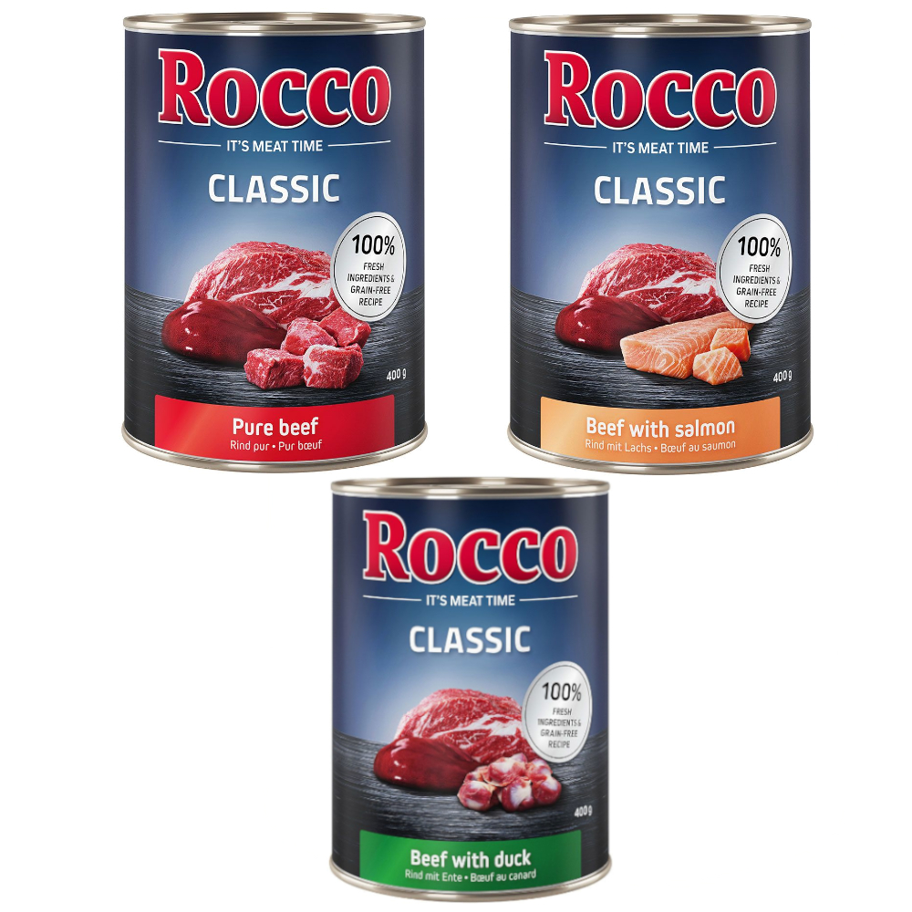 6x400g Classic Exclusieve Mix Puur Rund, Rund/Zalm, Rund/Eend Rocco Hondenvoer nat