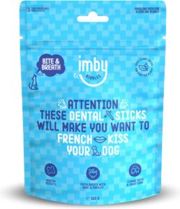 Imby plantaardige hondensnacks – Bite & Breath – Mini dental sticks – Vegan hondenkoekjes – Met munt & peterselie – CO2-neutraal – 100 g