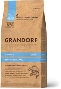 Grandorf Hondenvoer – Witte vis en Bruine Rijst – alle rassen – Gevoelige huid en vacht – Allergie gevoelig – 10 kg