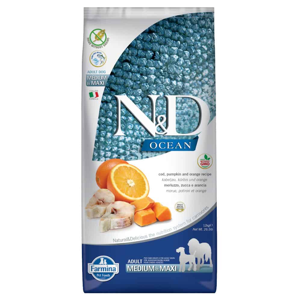 12kg Medium & Maxi Ocean Farmina N&D Graanvrij Hondenvoer