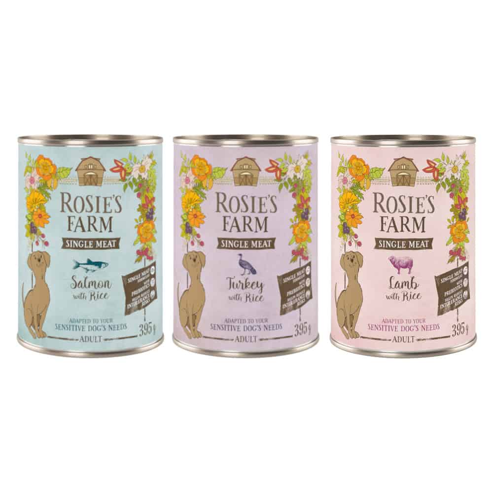 Rosie’s Farm Single Meat Adult Mix (kalkoen & rijst, lam & rijst, vis & rijst) nat hondenvoer – 6 x 395 g
