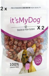 It’s my dog – hondensnack – trainingssnack -duck and fish sushi – = graan vrij – kwalitatief 84% eend – 170 g