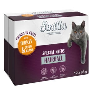 24x85g Smilla verse zakjes Adult Hairball Hapjes in Saus Kalkoen en Sperziebonen met Groenten