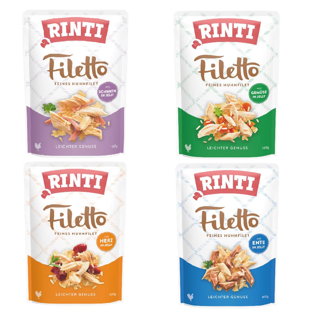 48x100g Rinti Filetto Zakjes in Gelei Mix 4 soorten Honden Natvoer