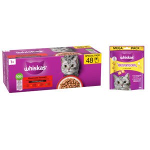 48 x 85 g of 120 x 85 g Whiskas natvoer voor katten + 180 g Whiskas kattensnack Kip & Kaas gratis! - Klassieke selectie in saus: Rund, Lam, Gevogelte + Kip 1+ Adult Maaltijdzakjes 48 x 85 g