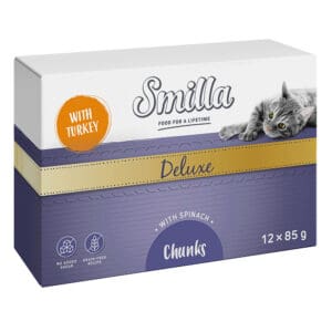 48x85g Smilla Deluxe Hapjes Katten Natvoer met Kalkoen en Spinazie