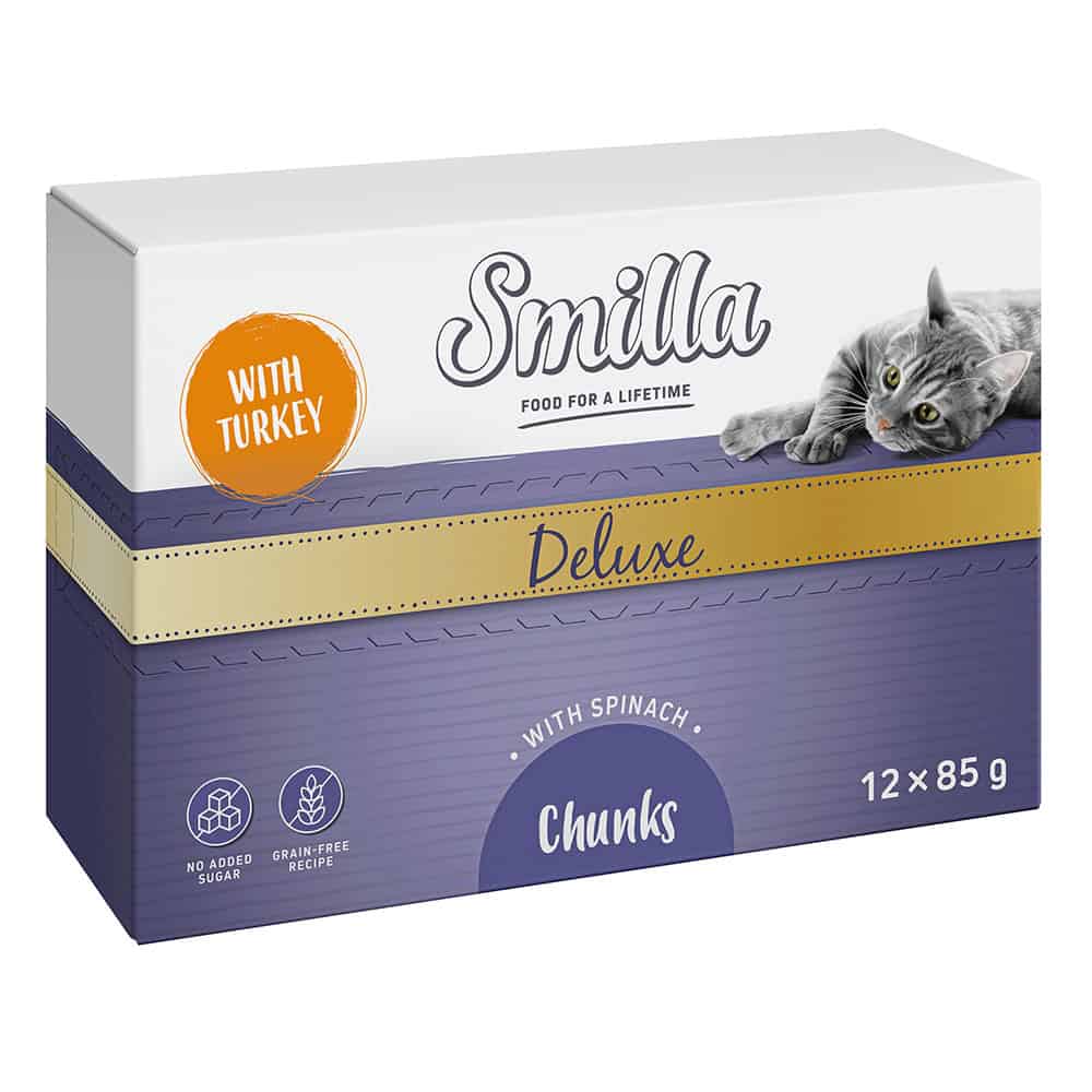 48x85g Smilla Deluxe Hapjes Katten Natvoer met Kalkoen en Spinazie