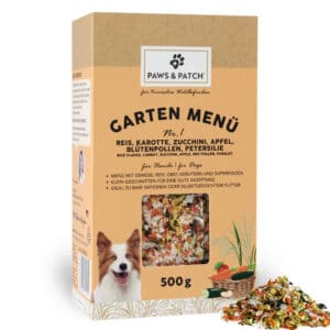 PAWS & PATCH Garden Menu No. 1 Rijst, wortelen, courgette, appel, pollen, peterselie Aanvullend voer voor honden – 500 g