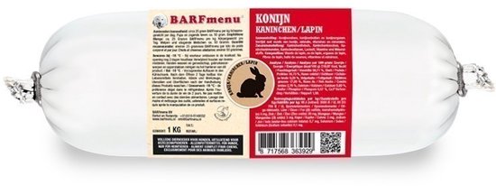Barfmenu Hondenvoer – Konijn – Glutenvrij, Vers Rauw, Aanvullend Diervoeder – 1 kg