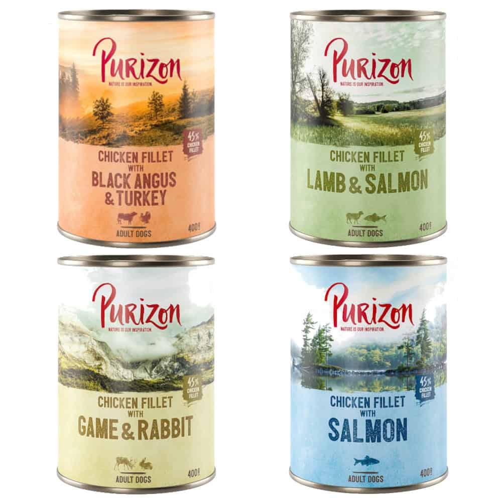 Dubbelpakket Purizon Adult 12 x 400 g – Gemengd pakket (4 x Black Angus, 4 x Lam, 2 x Zalm, 2 x Wild)
