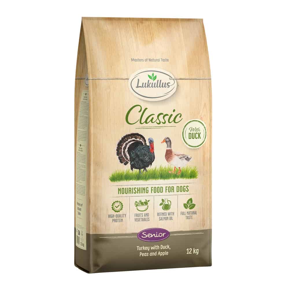 Lukullus Classic Senior Kalkoen & Eend (graanvrij) – Nieuw Receptuur – 12 kg