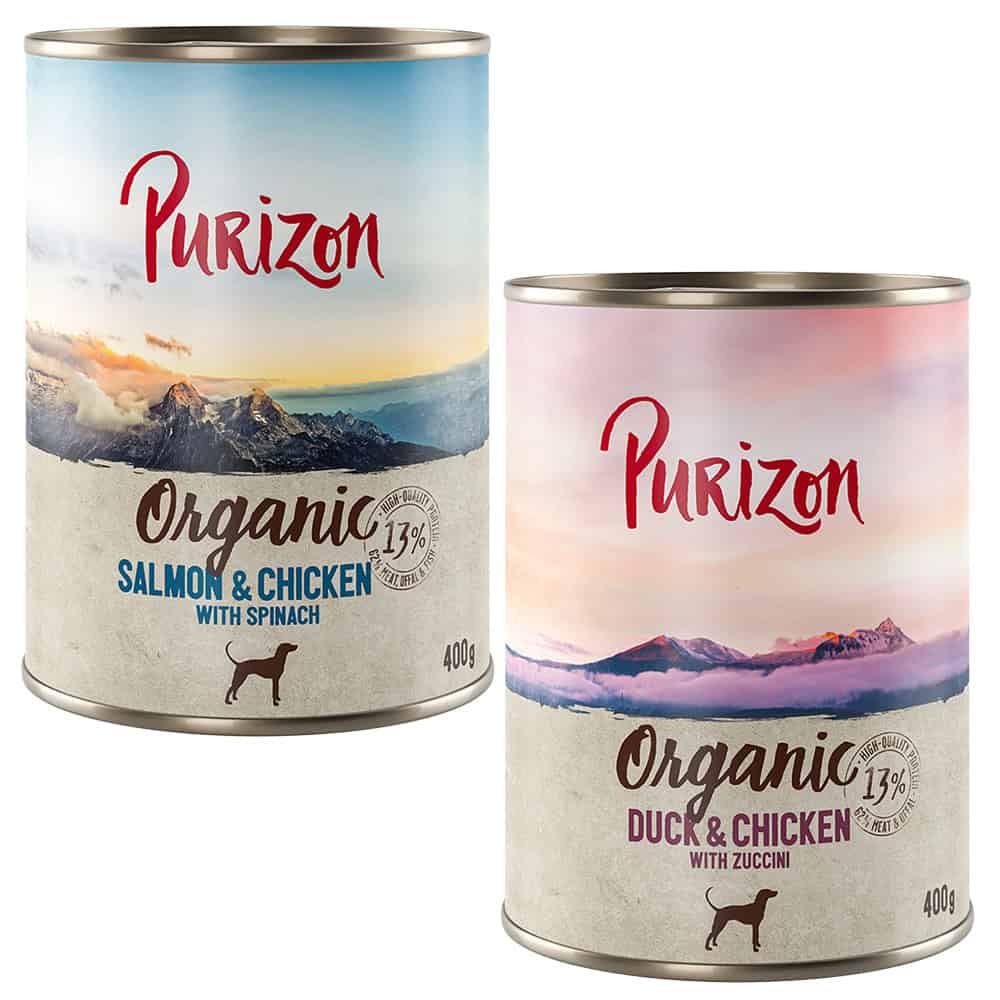 Voordeelpakket: Purizon Organic 24 x 400 g – Voordeelpakket 2: 12 x Eend en kip, 12 x zalm en kip