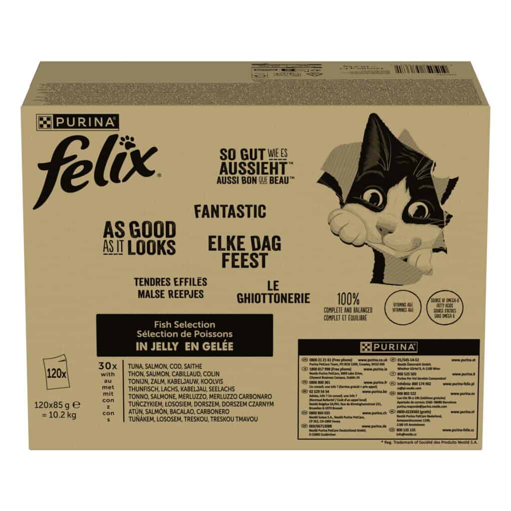 120x85g Rund/Kip/Kabeljauw/Tonijn Felix Elke Dag Feest Kattenvoer