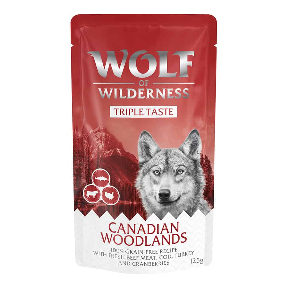 12x125g “Triple Taste” Canadian Woodlands Wolf of Wilderness Hondenvoer