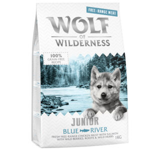 1kg Wolf of Wilderness Junior Blue River Scharrelkip & Zalm Hondenvoer droog