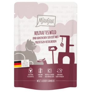 24x 300g MjAMjAM Squeeze hartig hert & konijn met fruitige bosbessen nat kattenvoer