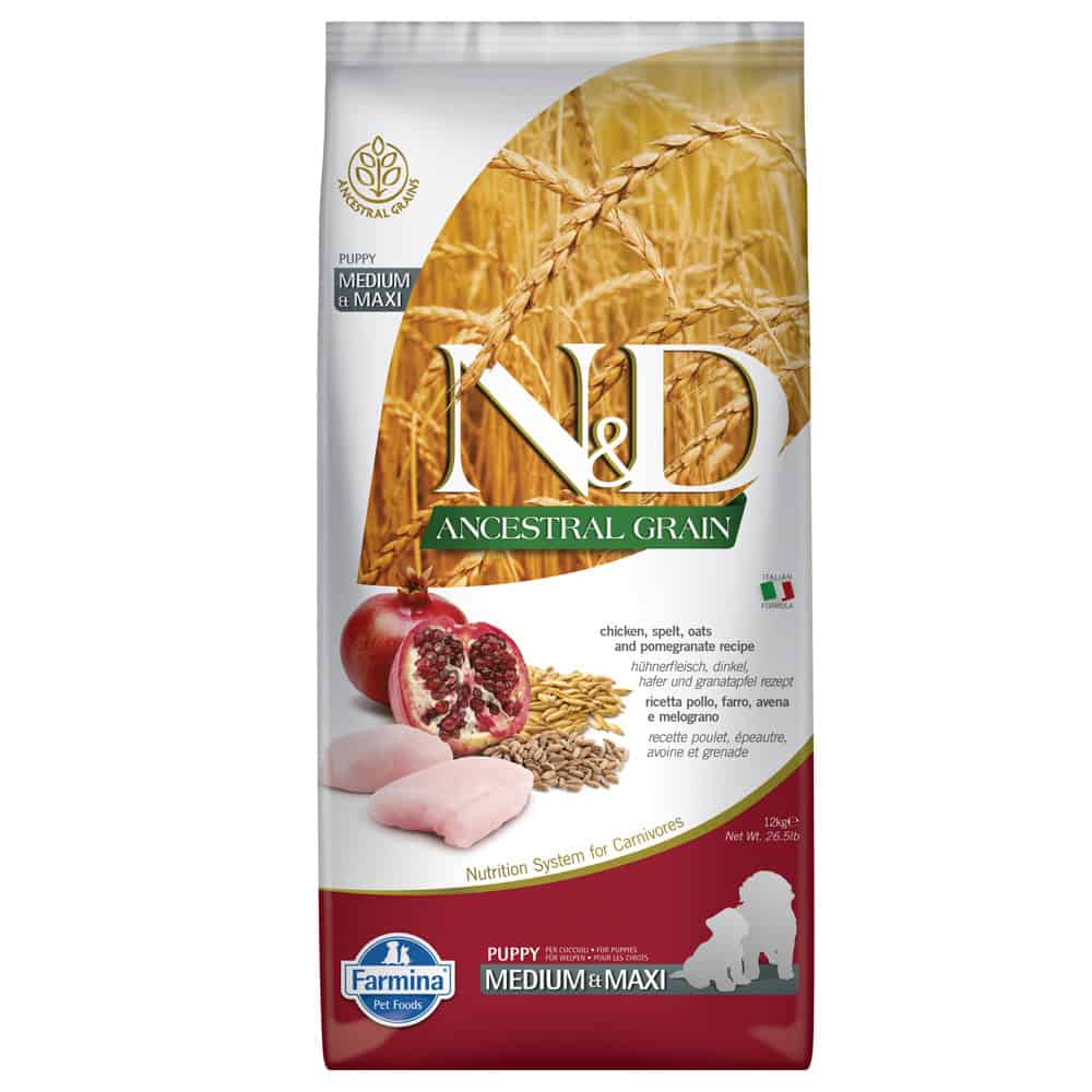 2x12kg Ancestral Grain Puppy Medium & Maxi Kip & Granaatappel Farmina N&D Hondenvoer