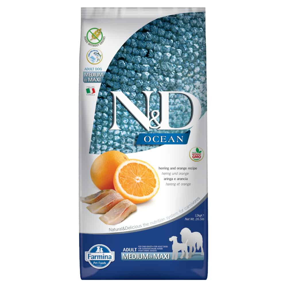 2x12kg Farmina N&D Ocean Graanvrij Haring & Sinaasappel Adult Medium & Maxi Hondenvoer Droog