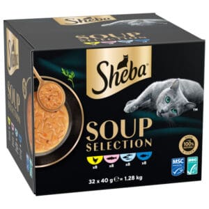 32x40g Sheba Soup Selection Mix (kip, tonijn, zeevis en zalm) natvoer voor katten