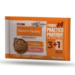 ! 2 x Nature's Variety natvoer voor katten - Bites in Saus Adult met Kip en Zalm (2 x 44 x 85 g)