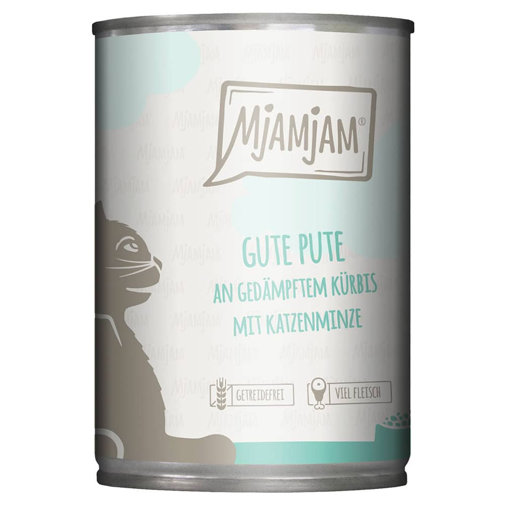 6x400g MjAMjAM goede kalkoen op gestoomde pompoen kattenvoer nat