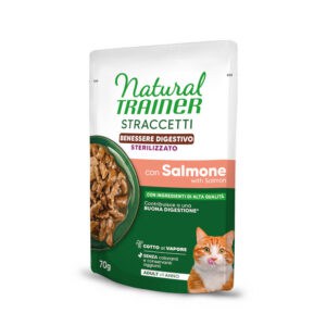 Dubbelpak 56x 70g Natural Trainer Straccetti Digestive Wellbeing Sterilised Reepjes in saus met Zalm natvoer voor Katten