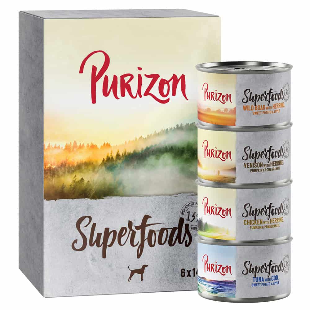 Purizon Superfoods – Mixpakket (2 Kip, Tonijnn, Everzwijn, Wild) – 12 x 140 g