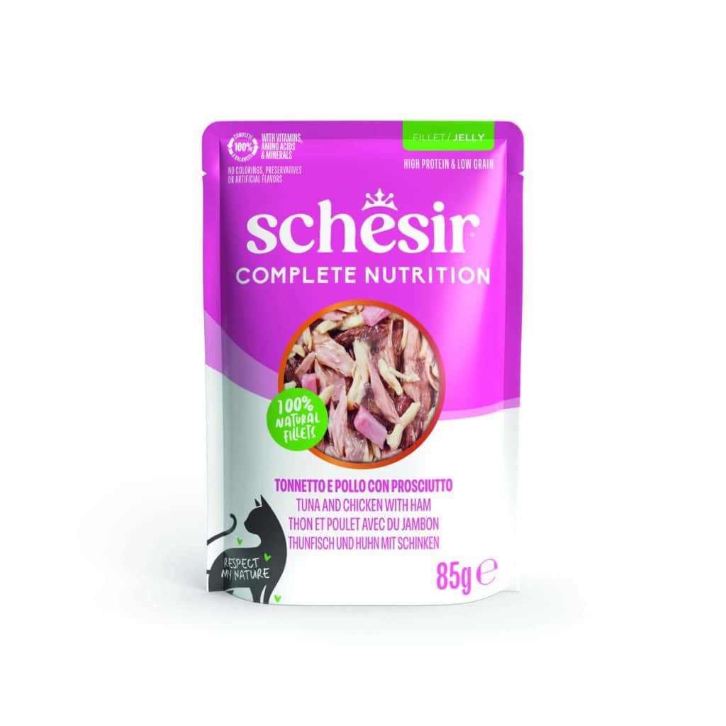 Schesir Complete Nutrition filet in gelei tonijn en kip met ham natvoer voor katten – 2,04 kg
