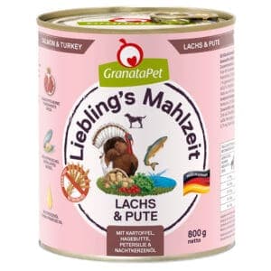 Voordeelpakket GranataPet Liebling's Mahlzeit 24 x 800 g - Zalm & Kalkoen met Aardappel, Rozenbottel, Peterselie, & Teunisbloemolie