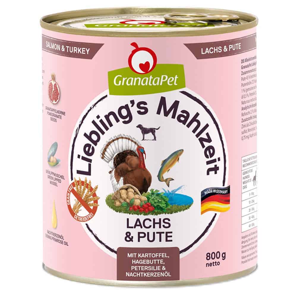 Voordeelpakket GranataPet Liebling’s Mahlzeit 24 x 800 g – Zalm & Kalkoen met Aardappel, Rozenbottel, Peterselie, & Teunisbloemolie