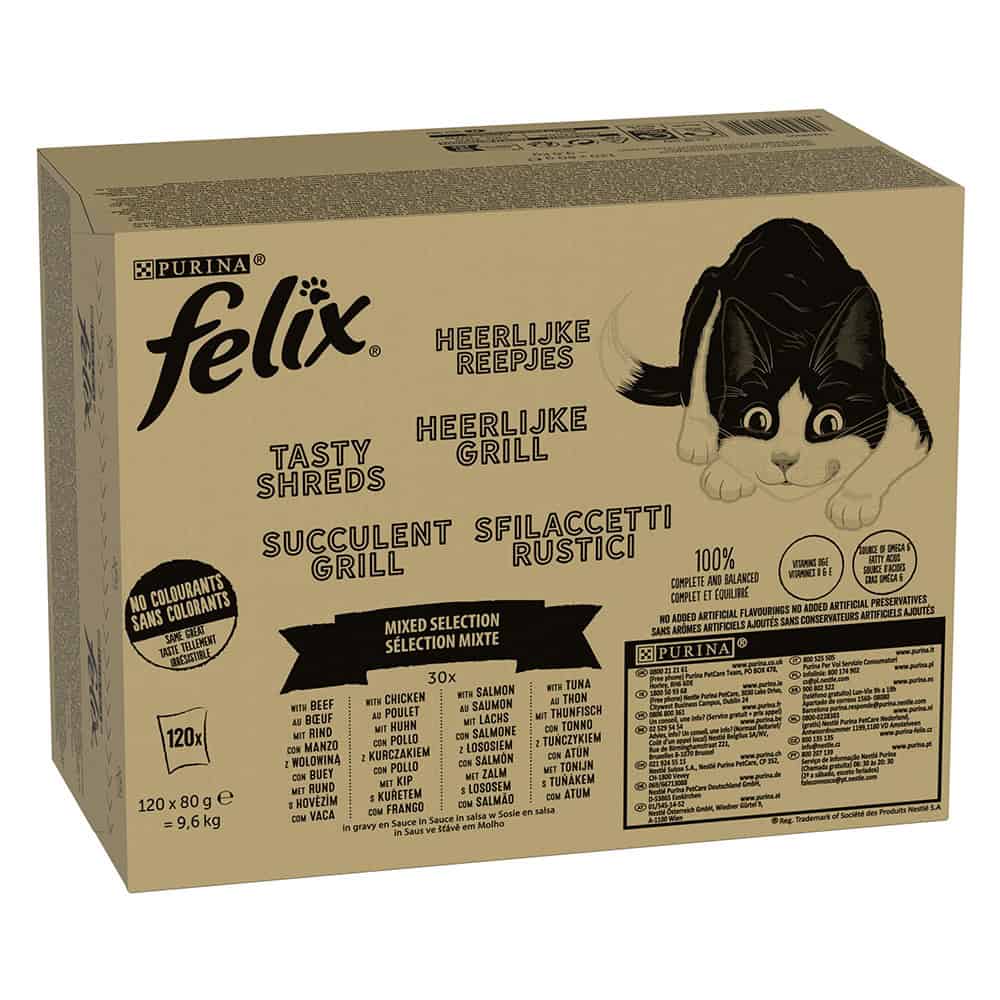 120x80g Tasty Shreds Gemengde Selectie in Saus Felix Kattenvoer Maaltijdzakjes