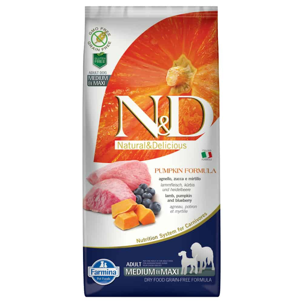 12kg Pompoen/Lam/Bosbes Adult Medium & Maxi Farmina N&D Hondenvoer Graanvrij