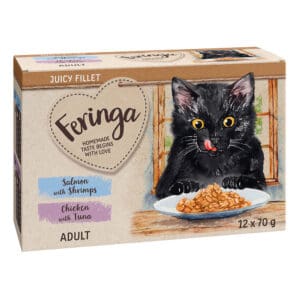 12x70g Mixpakket: Zalm met Garnalen en Kip met Tonijn Feringa Juicy Fillet Katten Natvoer