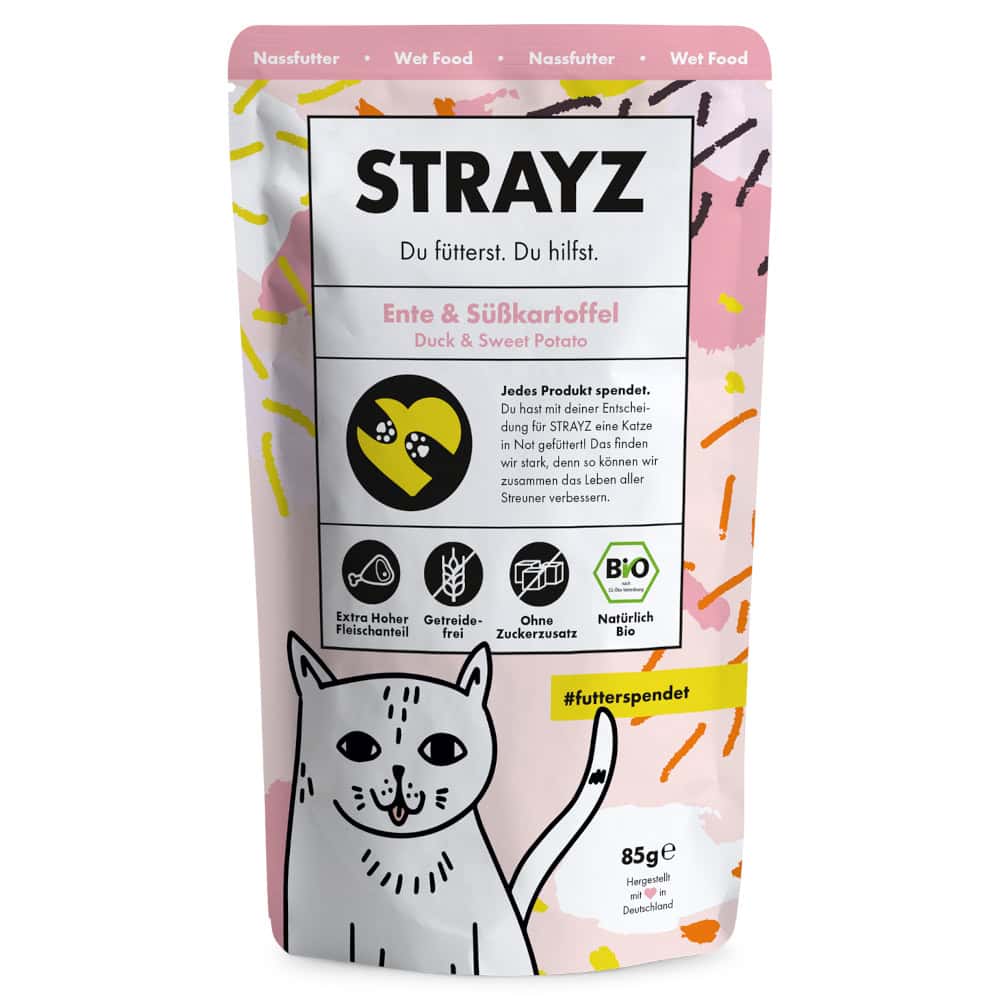 12x 85g STRAYZ Bio Eend & Zoete Aardappel Nat Kattenvoer