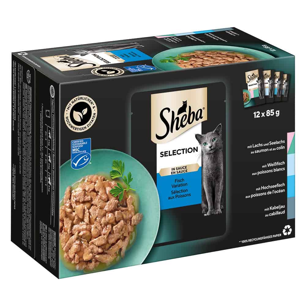 144x85g Selection in Saus (Zalm, Zeevis, Witvis, Diepzeevis, Kabeljauw) Sheba Variaties Maaltijdzakjes