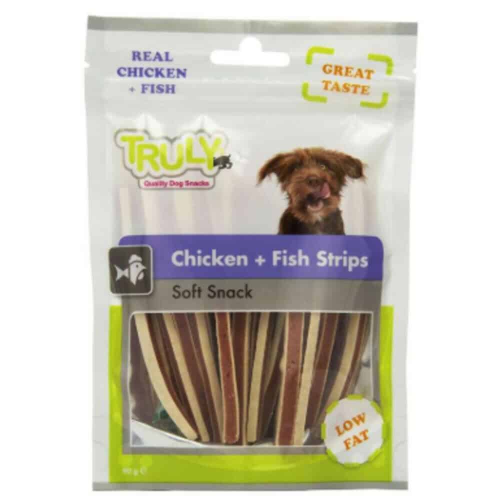 15x Truly Hondensnack Strips Chicken & Fish 90 gr
