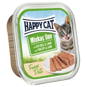 16x100g Happy Cat Minkas Duo Morsels op Paté Schaaltjes Gevogelte & Lam nat kattenvoer