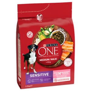 2x 2,5kg Purina ONE Medium/Maxi Sensitive Zalm Hondenvoer droog