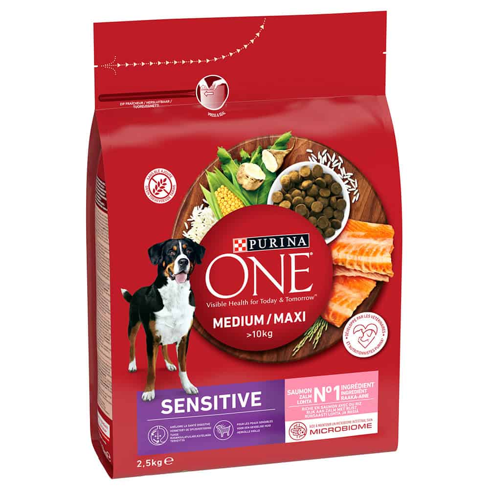 2x 2,5kg Purina ONE Medium/Maxi Sensitive Zalm Hondenvoer droog