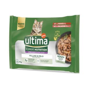 36 x 70 g + 8 x 70 g Ultima Expert Nutrition natvoer voor katten 44 x 70 g – Haarbal Rund & Zalm 44 x 70 g