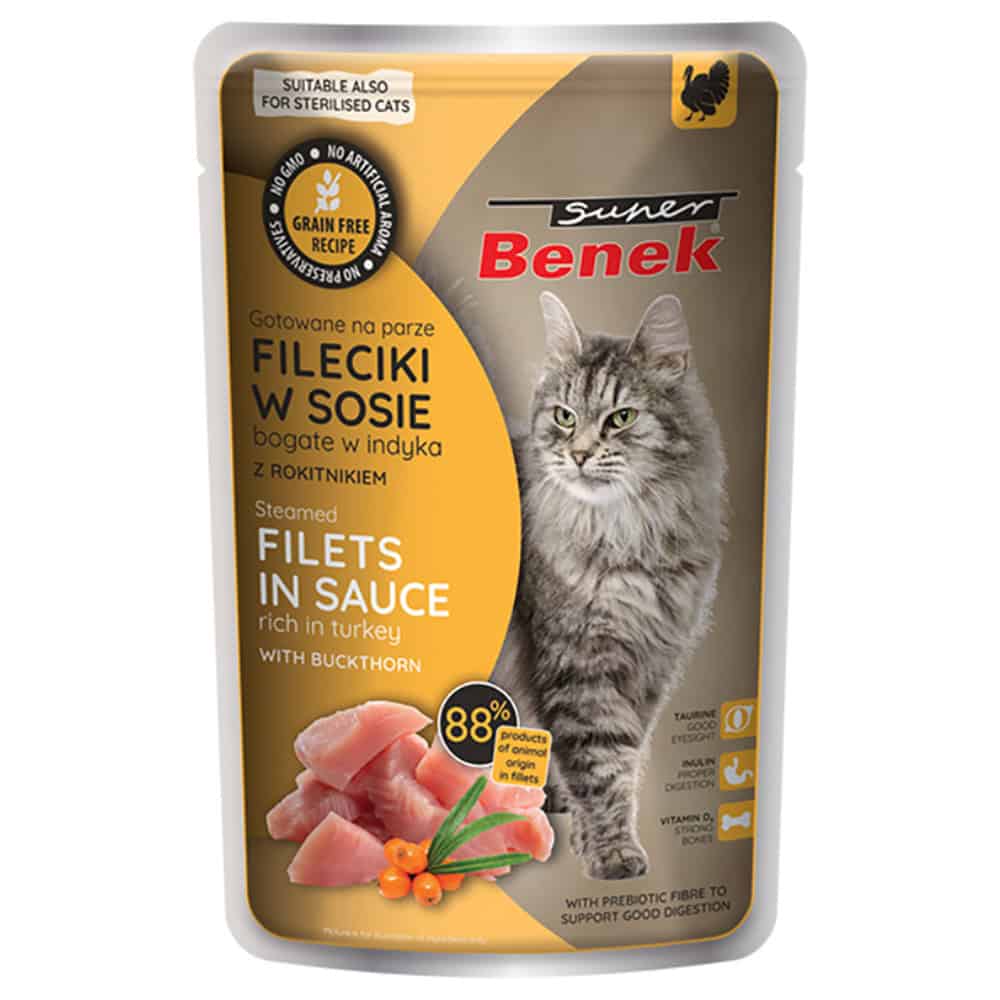 56x 85g Super Benek Graanvrij Gestoomde kalkoenfilets met duindoorn in saus Nat kattenvoer