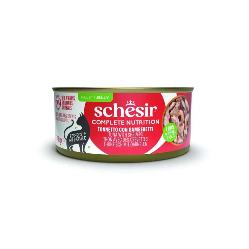 6x140g Tonijn met garnalen Schesir Complete Nutrition in gelei natvoer voor katten