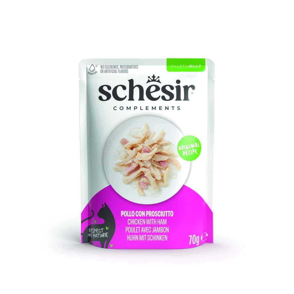 Schesir Kip met ham Complementen in gelei natvoer voor katten – 24 x 70 g