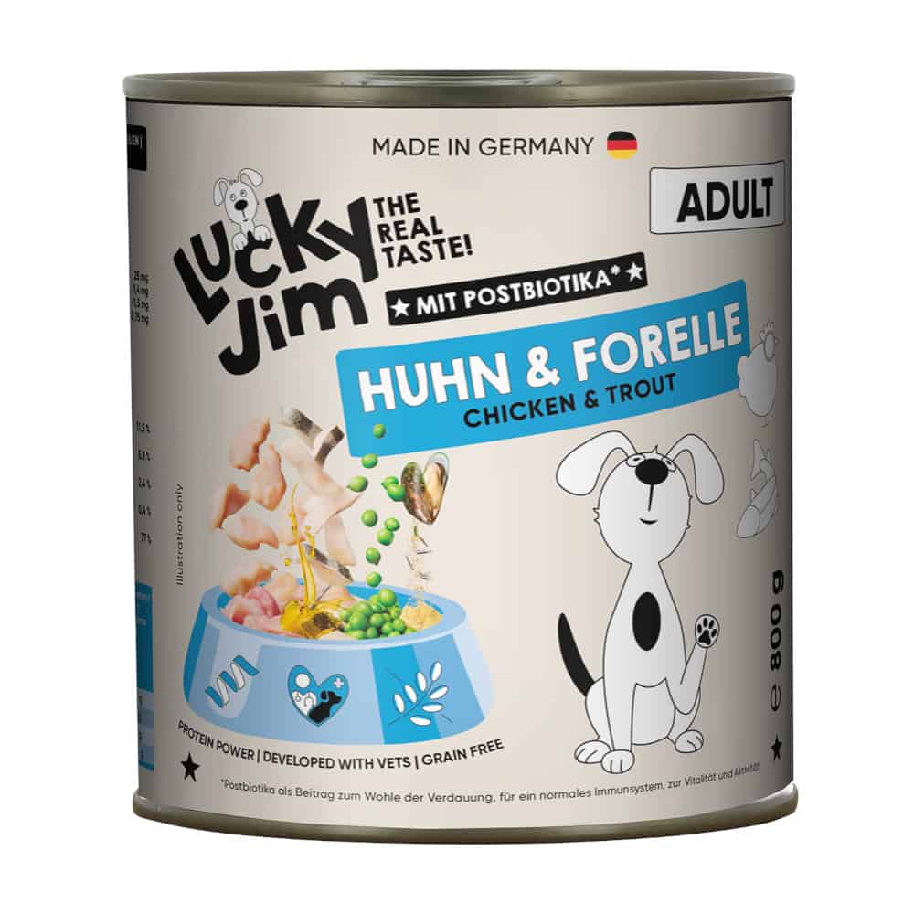 Lucky Jim Adult Kip & Forel natvoer voor honden – 6 x 800 g