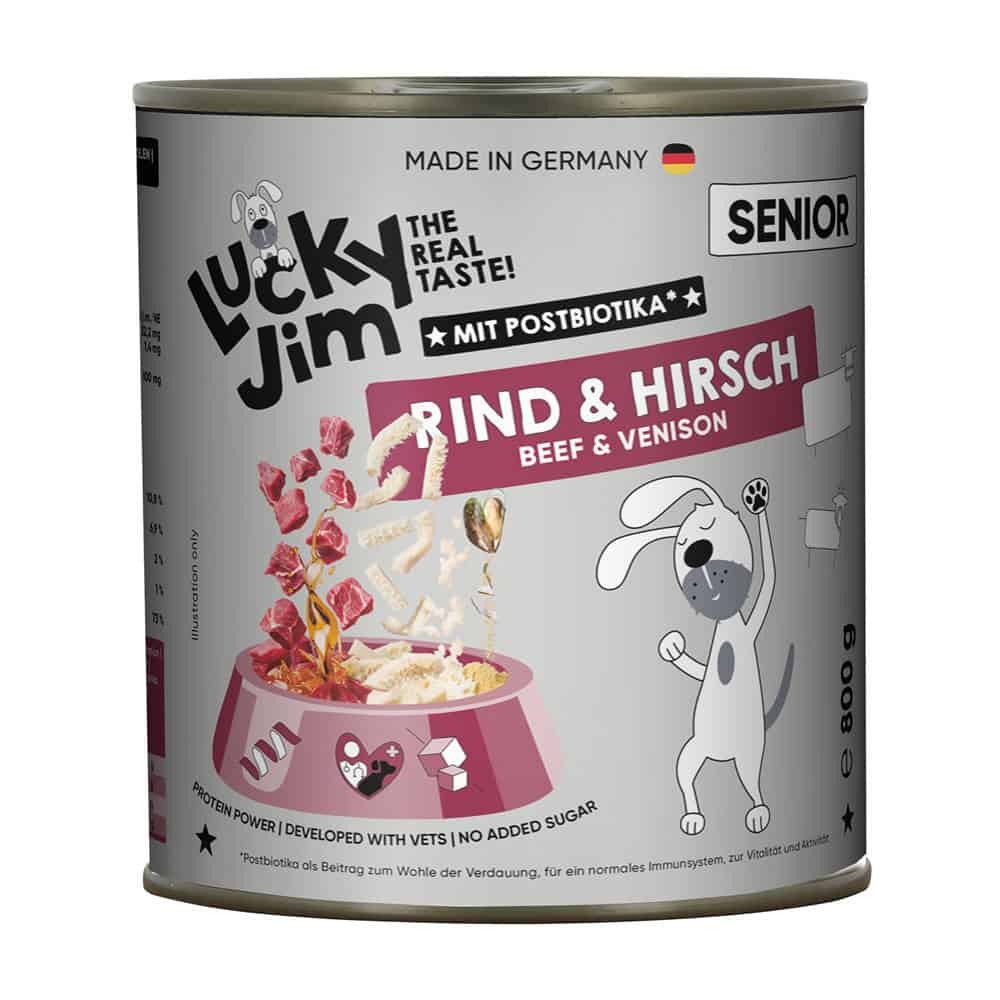 6x800g Lucky Jim Senior Rund & Hert natvoer voor honden