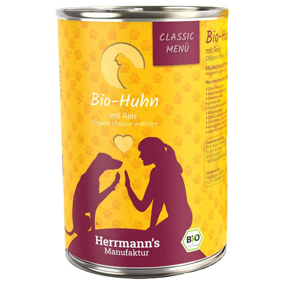 Herrmann’s Bio-Menu Graanvrij Hondenvoer – Bio-Kip met Bio-Rijst – 6 x 400 g