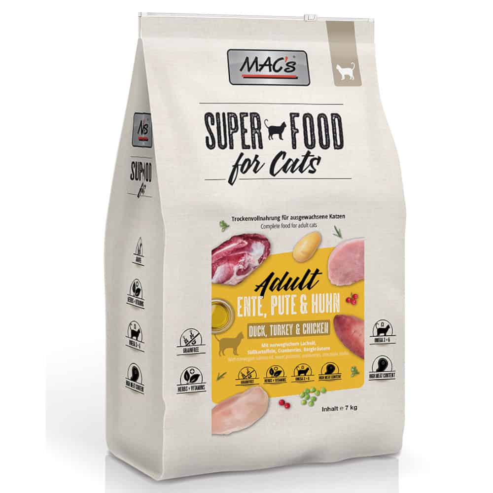 MAC’s Superfood for Cats Adult Eend, Kalkoen & Kip Kattenvoer – Dubbelpak 2 x 7 kg