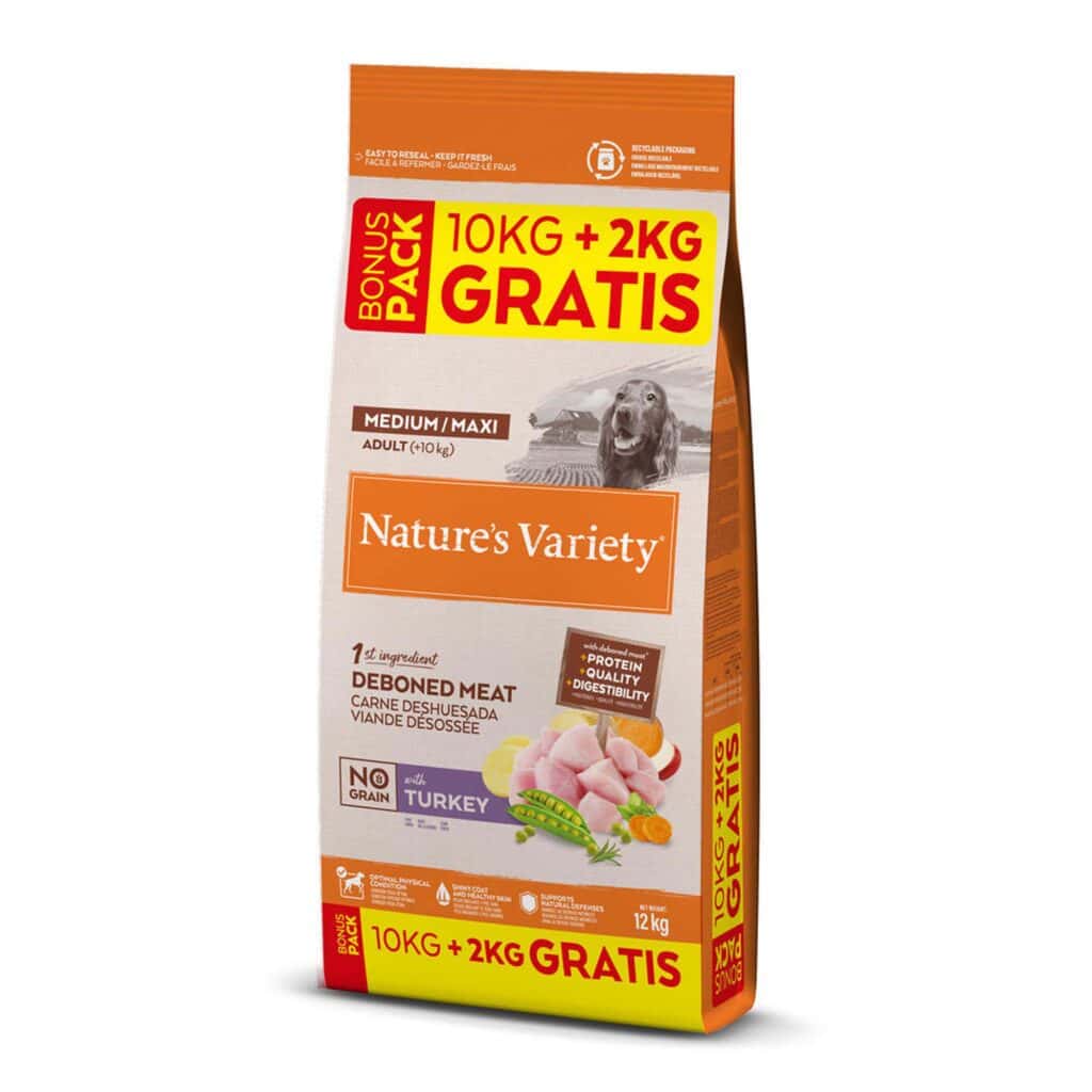 Nature’s Variety No Grain Medium/Maxi Adult Kalkoen – Dubbelpak 2 x 10 kg + 2 kg gratis