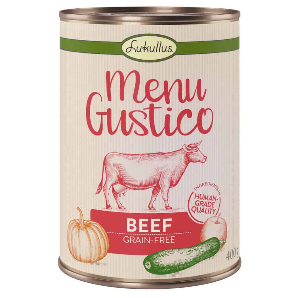 Voordeelpakket Lukullus Menu Gustico 24 x 400 g Hondenvoer – Rund met Pompen, Appel en Oregano