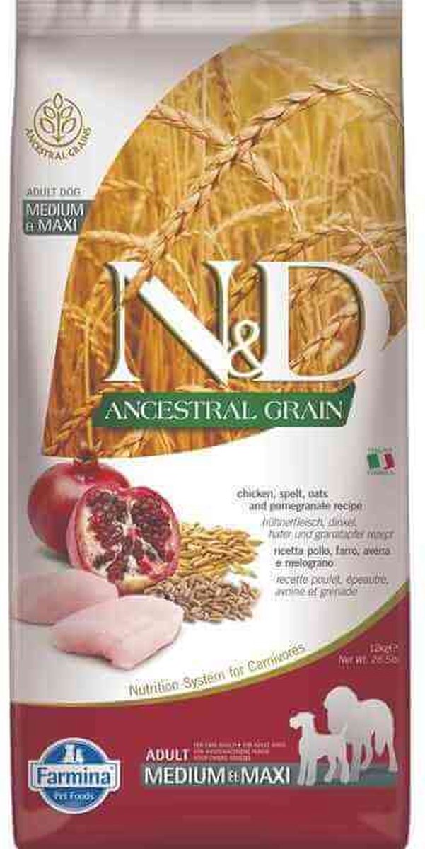 2x12kg Ancestral Grain Puppy Medium & Maxi Kip & Granaatappel Farmina N&D Hondenvoer